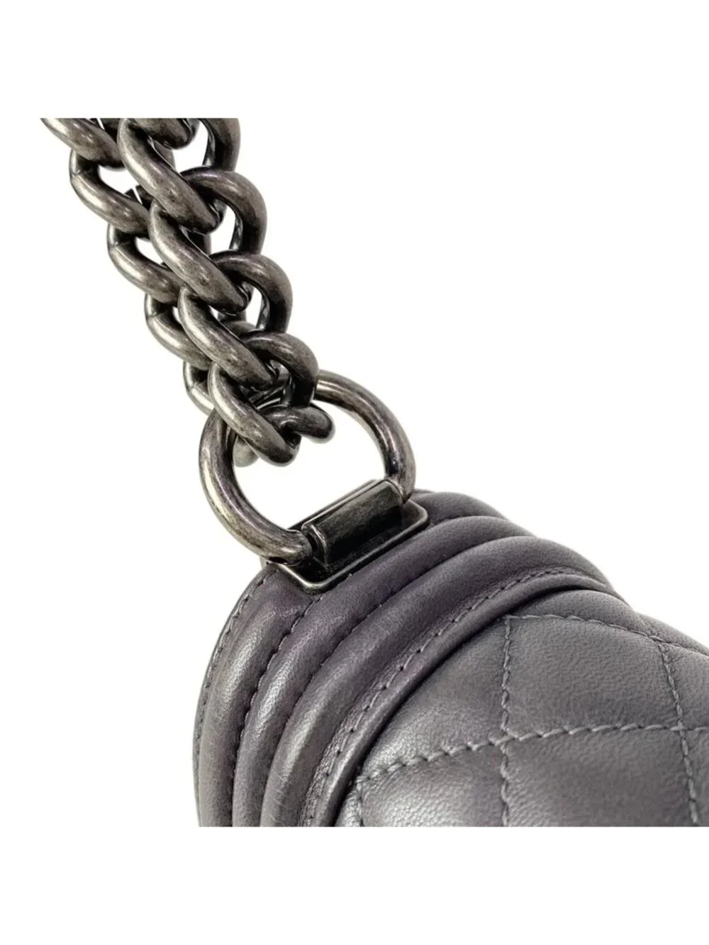 Chanel Shoulder Bag Boy Quilted Dark Gray Chain Vintage Silver Lambskin